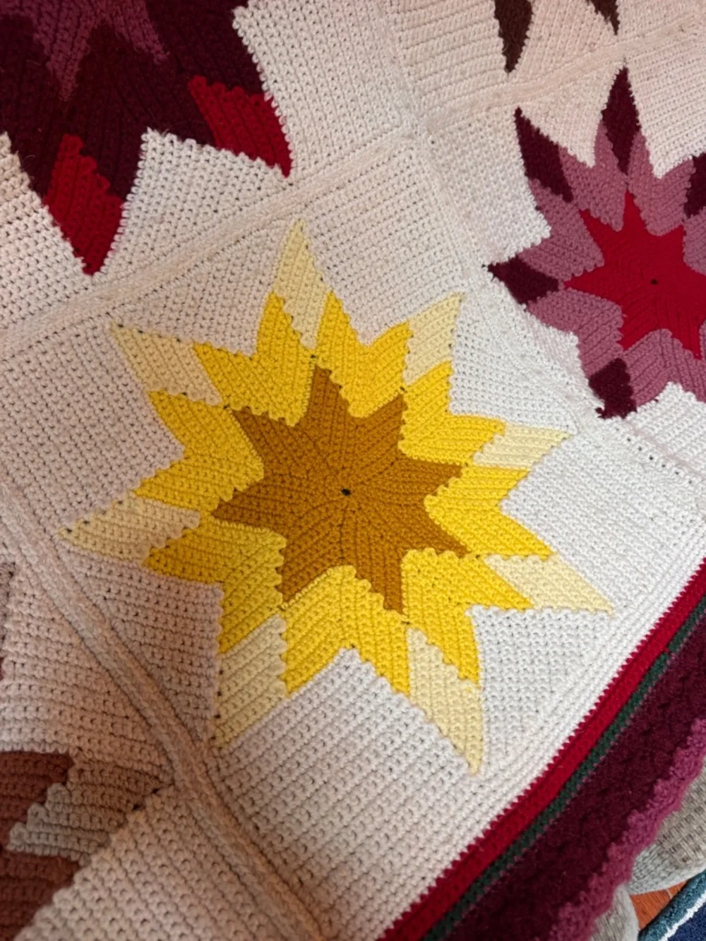Hand crochet point stars afghan blanket 77.5 by 45  handmade knit throw featurin